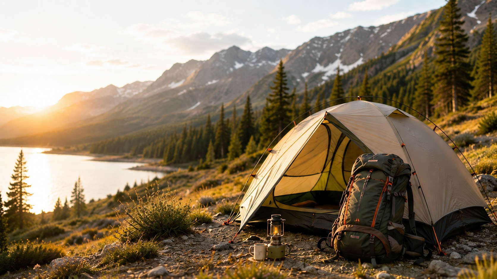 Camping tent by a mountain lake at sunset